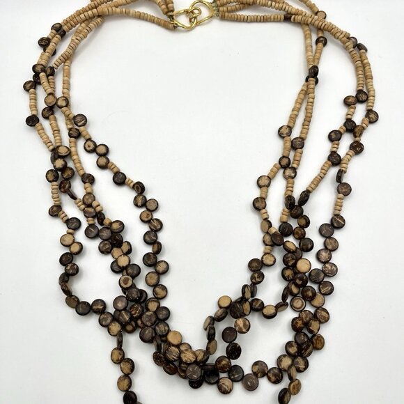Boho Multi-Strand Coconut Shell and Wood Bead Necklace Gold Tone Clasp VTG - Picture 3 of 5